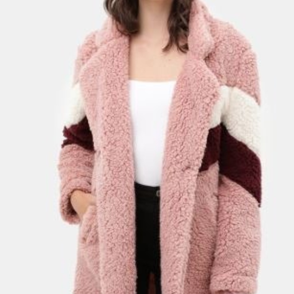 Love Tree Pink Sherpa Coat with Cream and Burgundy Chevron
